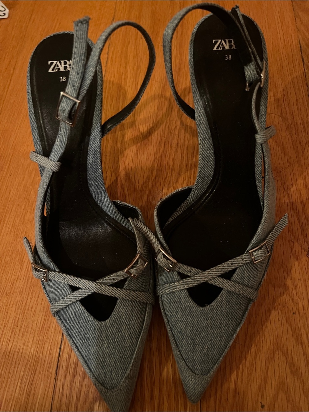 Zara Denim-Look Pointed Slingback Heels in Gray